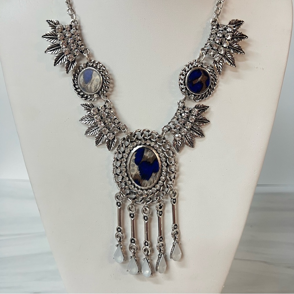 Blue Rhinestone Animal Print Statement Dangle Necklace